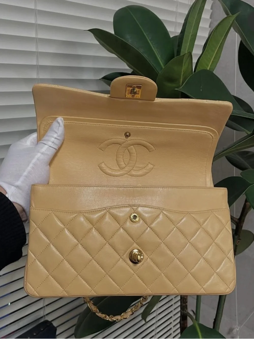 CHANEL Beige Quilted Double Flap Shoulder Bag with Gold Chain